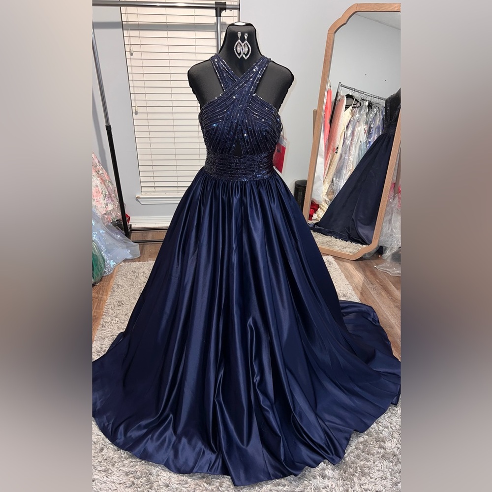 NWT Tiffany Designs navy ball gown with beaded halter top. Size 6